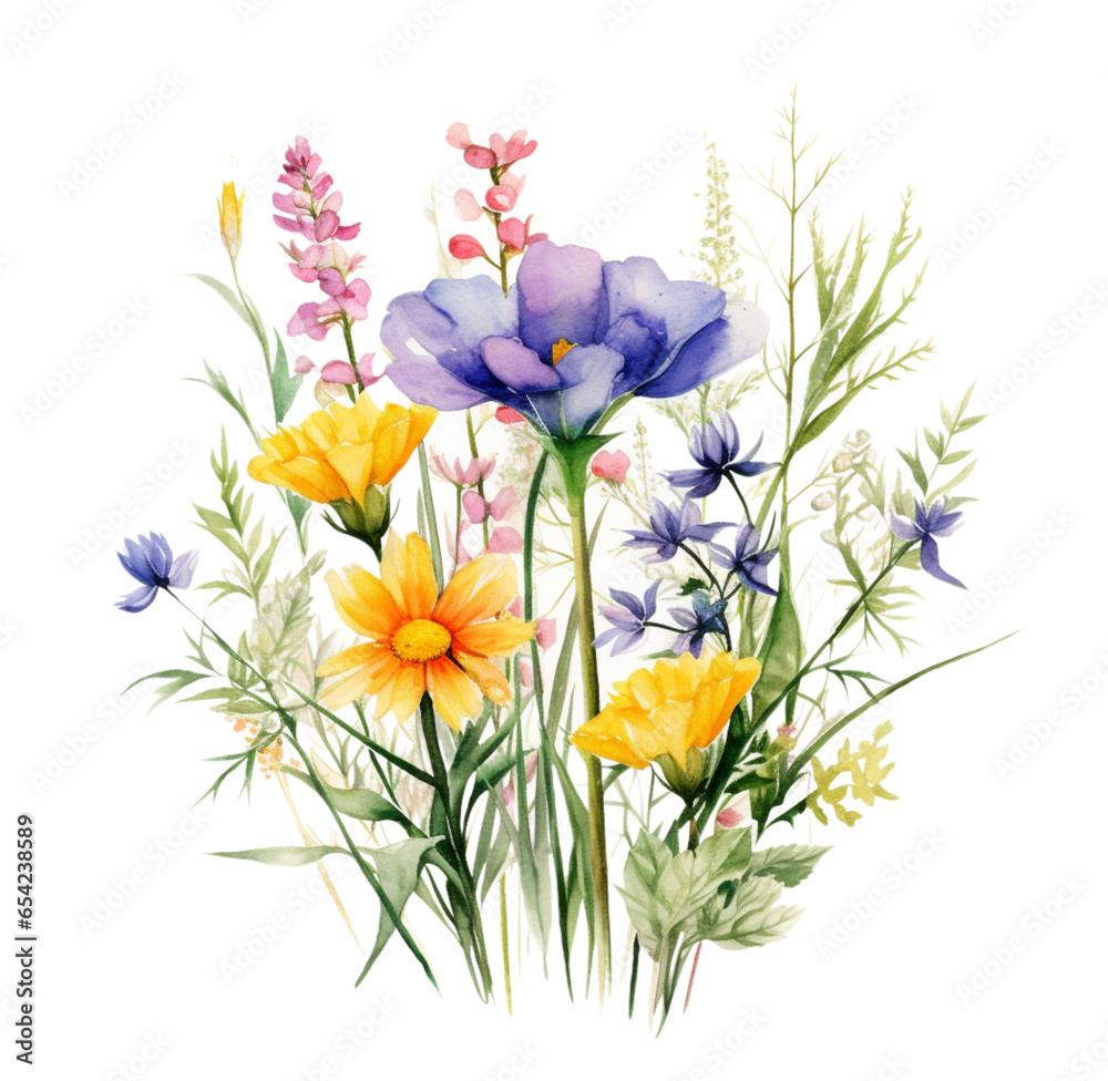 Watercolor illustration of spring wildflowers. Generative AI, png image.