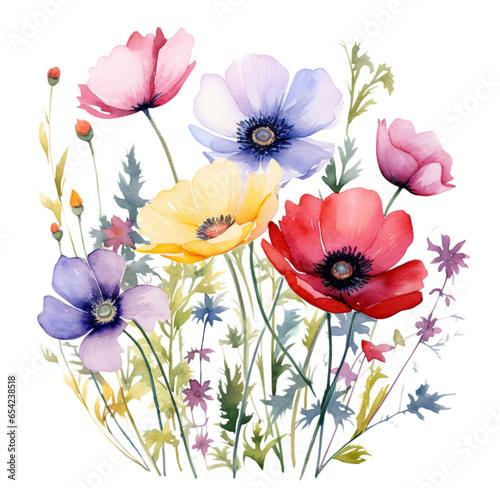 Watercolor illustration of spring wildflowers. Generative AI, png image. © Julia 