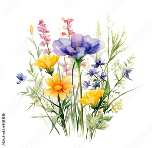 Watercolor illustration of spring wildflowers. Generative AI  png image.
