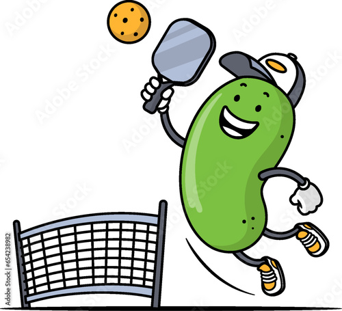Funny pickle playing pickleball, vector illustration isolated on white