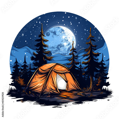 Camper and tent under a clear night sky filled with stars and full moon transparent background PNG file