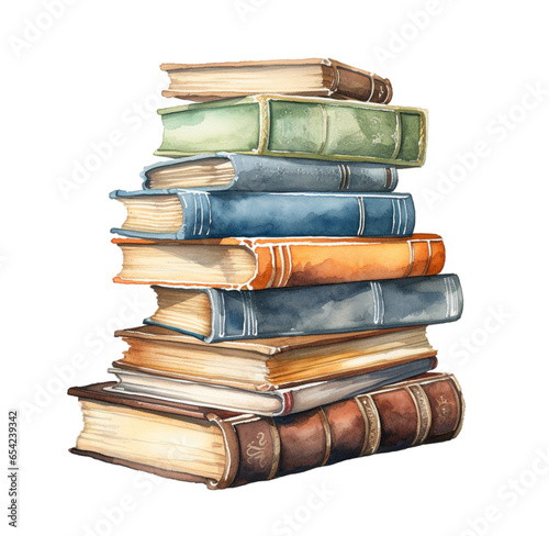 Watercolor illustration of a stack of books. Generative AI, png image.