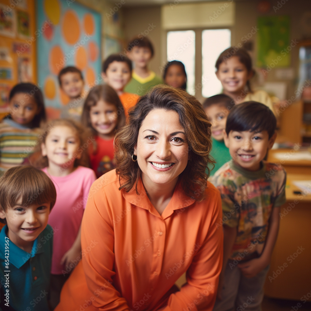 Hispanic teacher joyful portrait photograph with her classroom