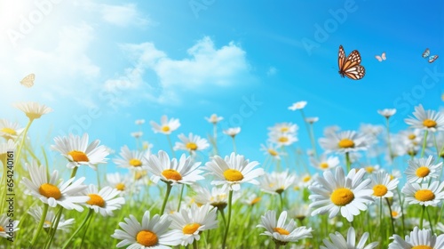 Chamomiles daisies flowers in spring with sunshine and a flying butterfly on background blue sky