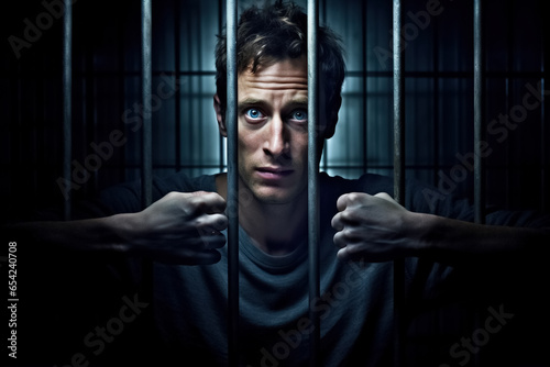 Fotótapéta Man in prison, desperate criminal holding jail bars feeling regret for committing crime