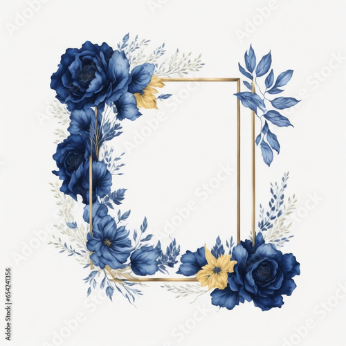 Golden and Dark Blue watercolor floral frame, square shape floral frame.