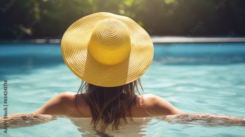Beautiful girl wearing swimming suit and straw hat relaxing in pool at luxury resort. Summer vacation concept.