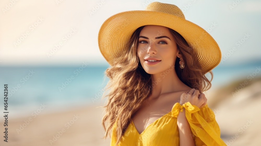 Beautiful attractive woman in yellow dress and straw hat on the beach, Summer vacation concept.