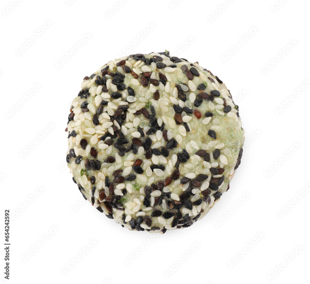 Vegan cutlet with sesame seeds isolated on white, top view Vegan cutlet with sesame seeds isolated on white, top view