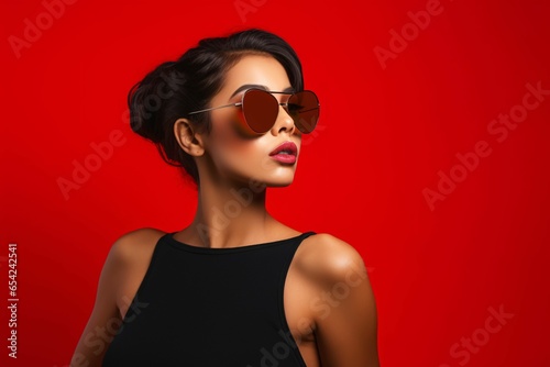 A trendy woman wearing fashionable sunglasses , capturing the essence of urban on the red background. Generative Ai