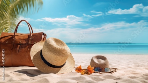 Summer vacation background  Straw hat  sunglasses and flip flops on a tropical beach.