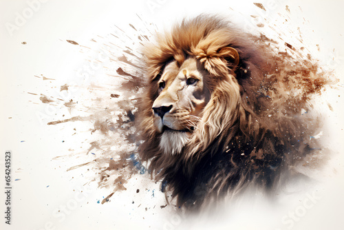 Lion head in splash in white background, AI-Generated