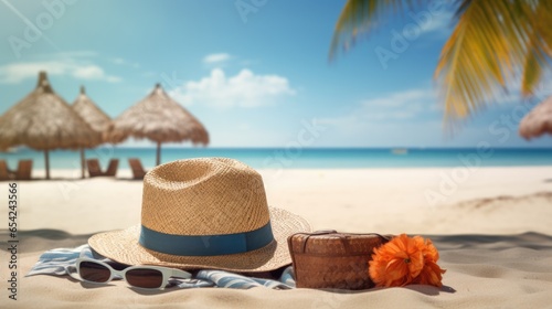 Summer vacation background, Straw hat, sunglasses and flip flops on a tropical beach.