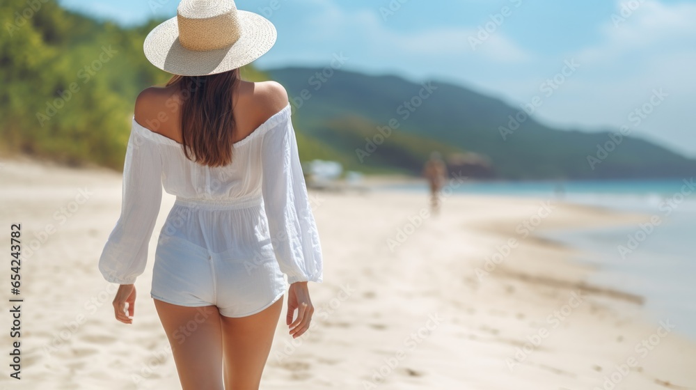 Beautiful attractive woman in white dress and straw hat on the beach, Summer vacation concept.