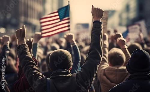Crowd of people at a protest rally in America against the current government with their hands in the air. © Curioso.Photography