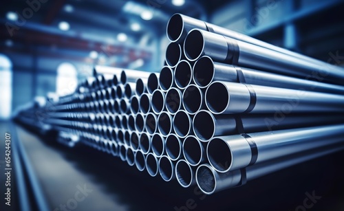 Gray industrial steel pipes with blurred background.