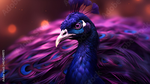 Neon, Mesmerizing peacock head, closeup, blurry background, AI-Generated