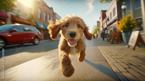 Fototapeta Naklejka Na Ścianę i Meble -  A happy and cute dog as it raced through the streets