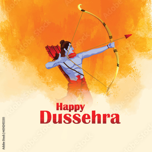 Happy dussehra poster design with vector illustration of lord rama killed ravan