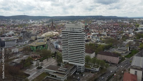 Aerial cityscape of Downtown Kaiserslautern city traffic with its town hall and shopping mall, Germany photo