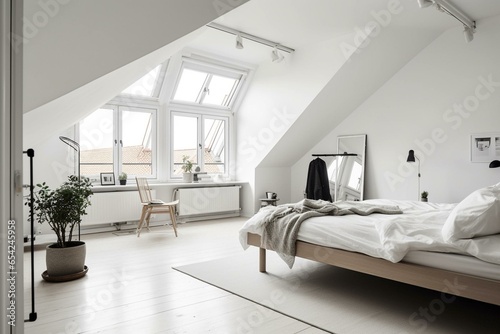 Minimalist loft bedroom with Scandinavian touches and a classic white interior design. Generative AI photo