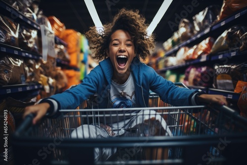 Excited African American woman in shopping cart. Generative Ai photo