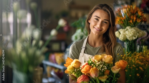 Portrait of woman florist in backround flower shop © Fly Frames
