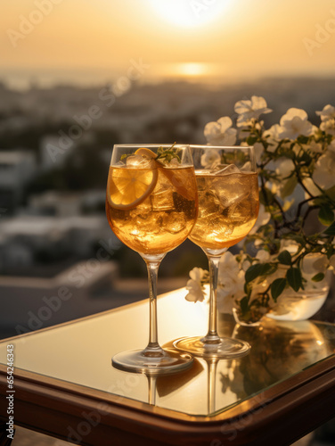 Two glasses of champagne with lemon  cocktail and jasmine flowers on the background of the sunset. Generative Ai