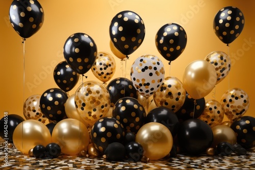 Black and gold balloons with polka dots on yellow background. Generative Ai