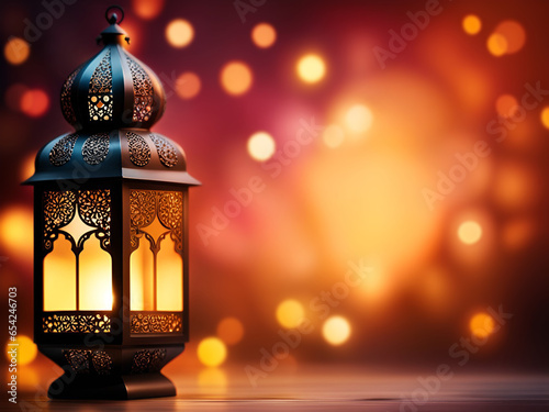 Islamic oil lantern. Eid al Adha background with copy space and bokeh.