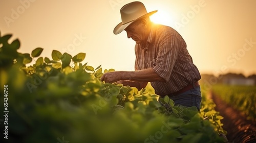 Senior farmer standing in soybean field examining crop at sunset