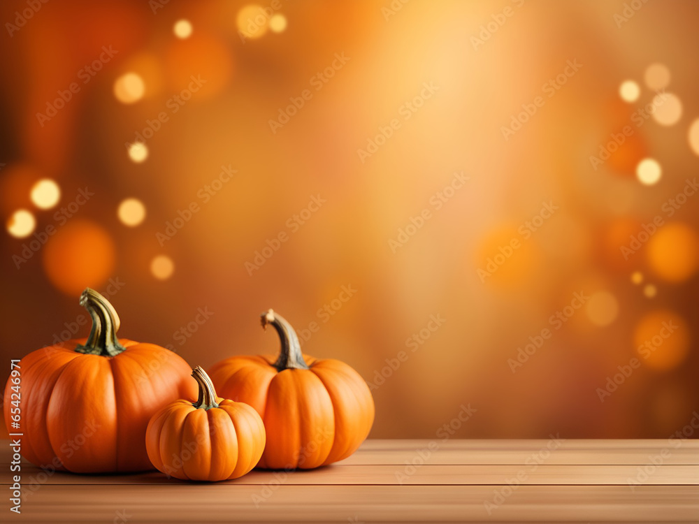 Autumn pumpkins on a wooden table. Background with copy space and bokeh.
