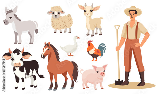 Vector set of flat illustrations. Farm animals on white background, domestic animals. Horse, cow, sheep, goat, goose, rooster, pig, donkey. A male farmer stands holding a shovel, smiling. Vector
