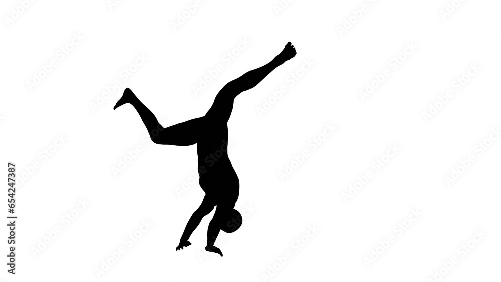 Silhouette of a beautiful young athletic man break-dancing, transparent background. 3d illustration (rendering).