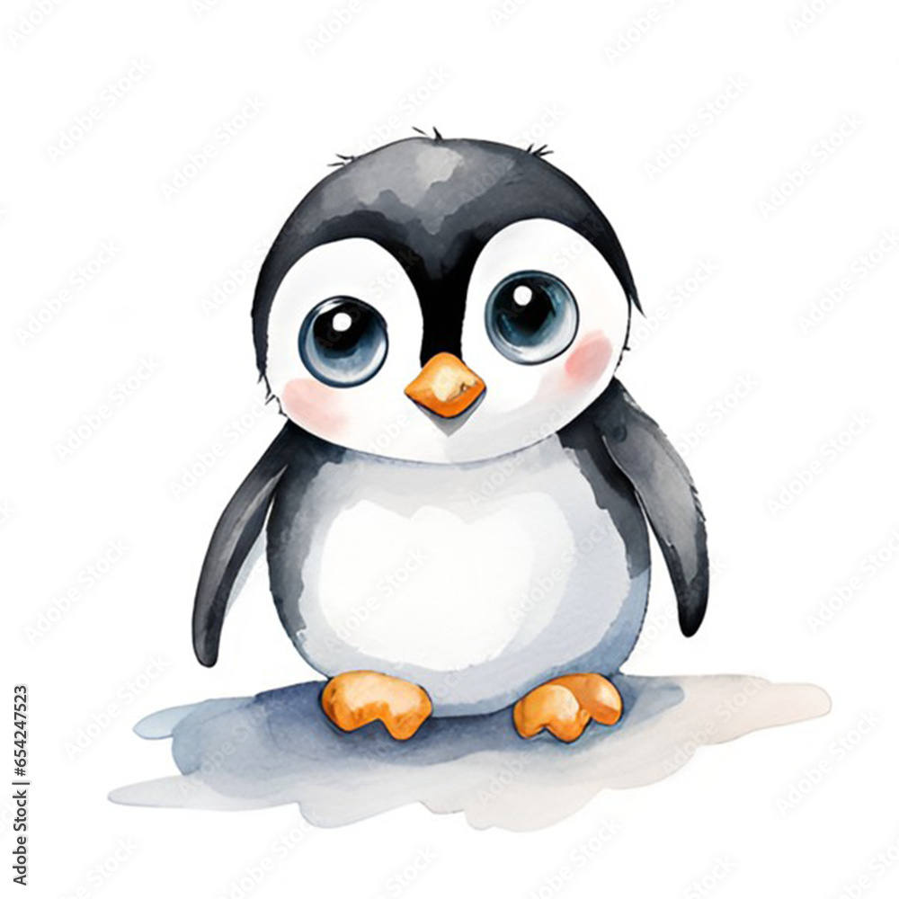Fototapeta premium Watercolor painting of a cute little baby penguin.