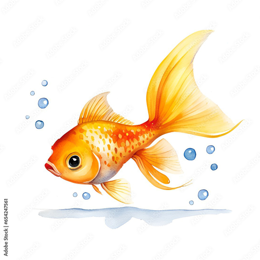 Watercolor painting of a cute little baby gold fish