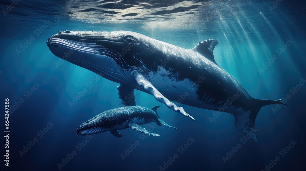 Naklejka premium Whale and her calf swimming below ocean surface