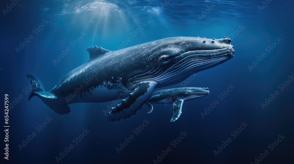 Fototapeta premium Whale and her calf swimming below ocean surface