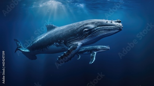 Whale and her calf swimming below ocean surface © Fly Frames