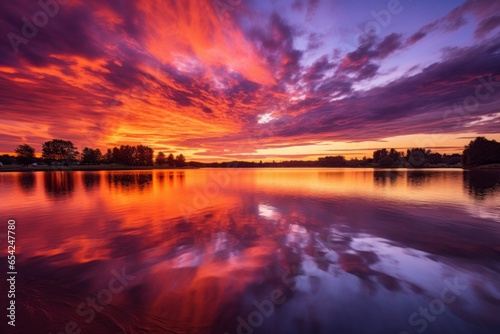 A serene sunset over a tranquil lake, with vibrant hues of orange, pink, and purple reflecting on the water.