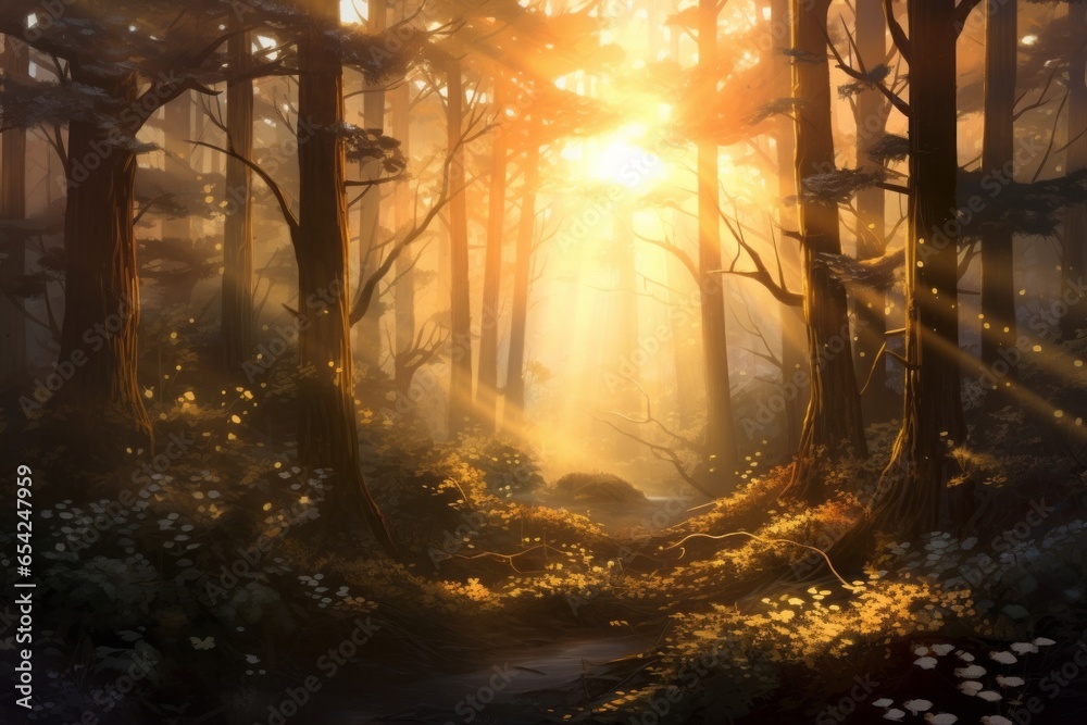 A misty forest with sunlight gently filtering through the trees, creating a magical and ethereal atmosphere.