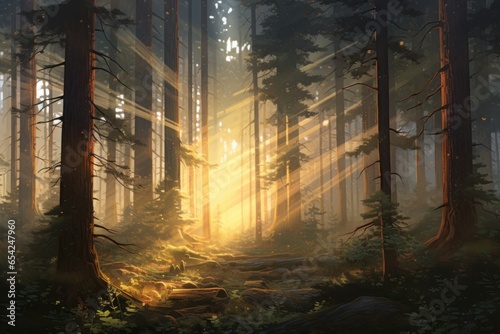 A misty forest with sunlight gently filtering through the trees, creating a magical and ethereal atmosphere.