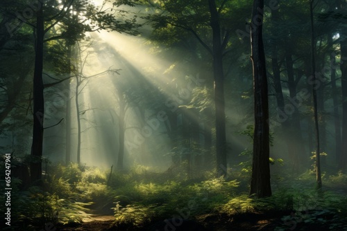 A misty forest with sunlight gently filtering through the trees  creating a magical and ethereal atmosphere.