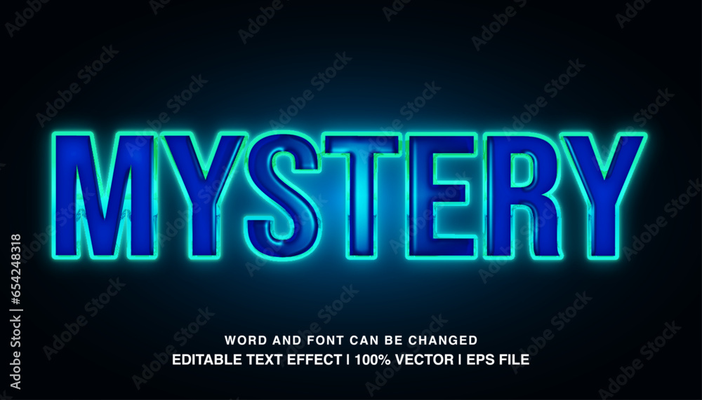Mystery editable text effect template, 3d neon light blue glossy style typeface, premium vector