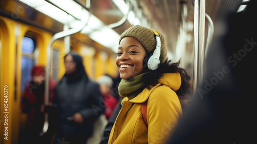 Happy african american woman listening music playlist with headphones in subway train- Model by AI generative