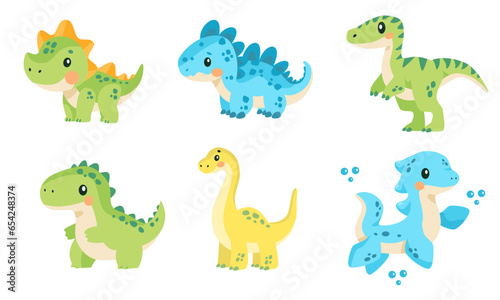 A set of super cute vector children s illustrations. Cute green dinosaurs on white background  blue aquatic dinosaur with flippers . Vector illustration