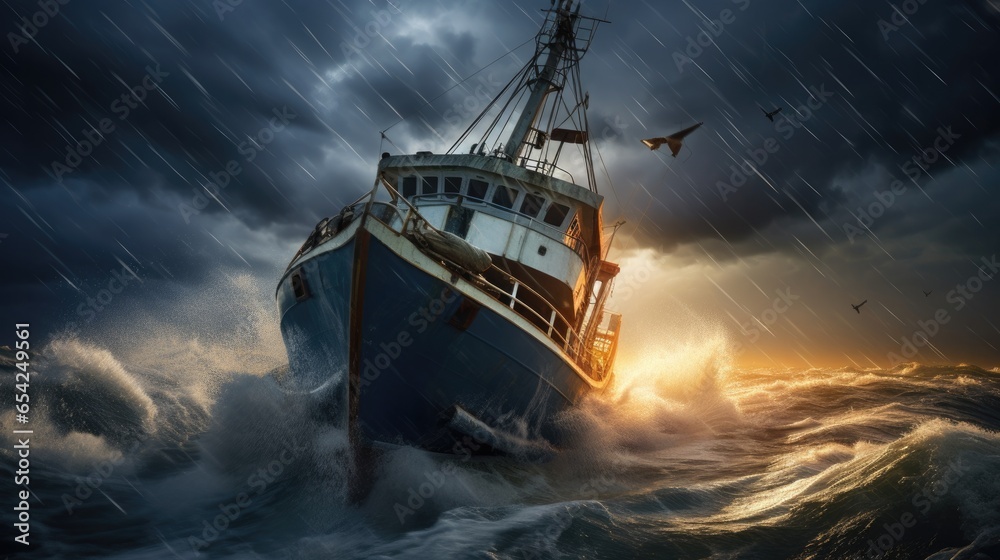 Obraz premium A fishing ship is caught in a severe storm