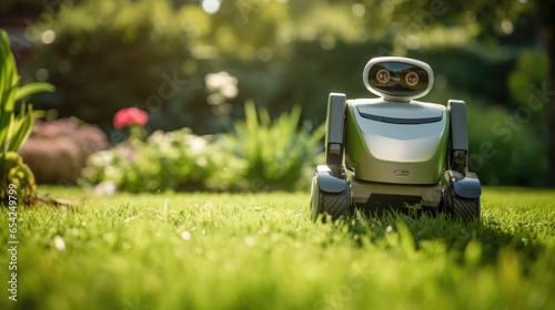 A robot lawnmower cuts grass in garden
