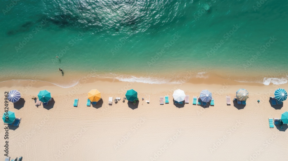 Aerial view of the idyllic sandy beach with umbrellas - obrazy, fototapety, plakaty 