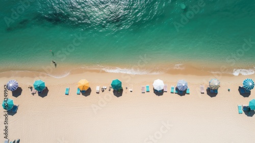 Aerial view of the idyllic sandy beach with umbrellas